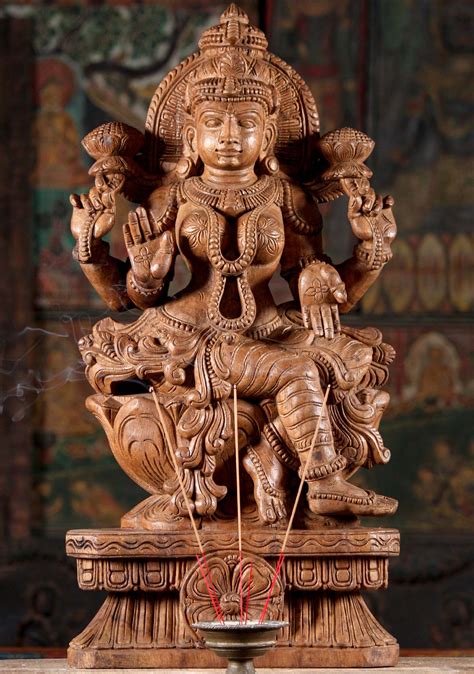 Sold Wooded Abhaya Mudra Goddess Lakshmi Statue Seated With Legs