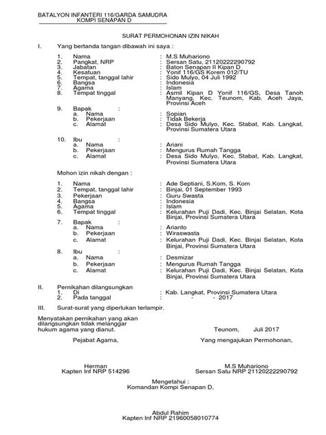 Contoh surat izin adalah sebuah surat yang dibuat dengan tujuan untuk meminta izin kepada penerima bahwa sang pengirim memiliki hajat / acara tertentu sehingga tidak bisa hadir atau. Format Surat Menikah Calon Istri Tentara