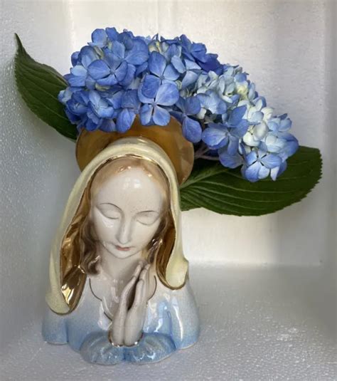 Vtg Ceramic Madonna Mother Mary Praying Hands Gold Halo Plantervase 7