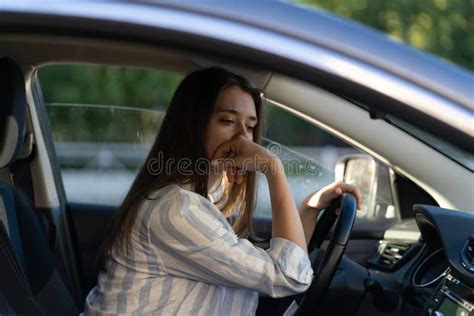 Drunk Girl Driving Car Unhappy Tired Young Female In Vehicle Suffering