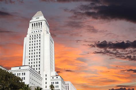 Downtown Los Angeles City Hall Building With Sunrise Sky