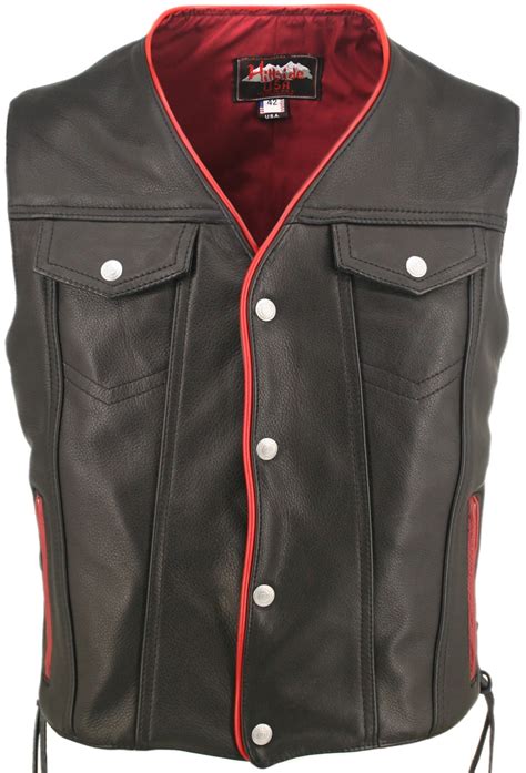 Mens Black Leather Motorcycle Vest With Red Trim Gun Pockets And Side