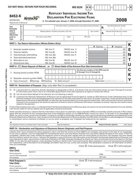8453 K Kentucky Individual Income Tax Declaration For Electronic