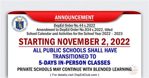 Starting Nov 2 2022 All Public Schools Shall Have 5 Days In Person