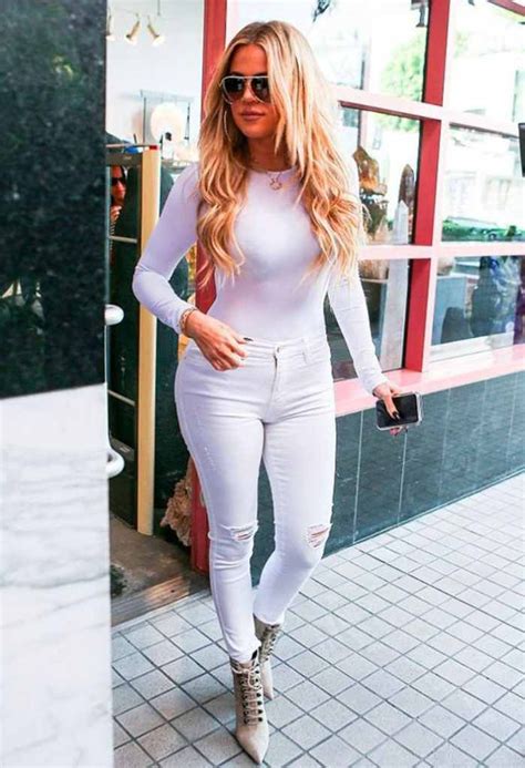 White High Waisted Skinny Jeans Khloe Kardashian Photos Bodysuit And