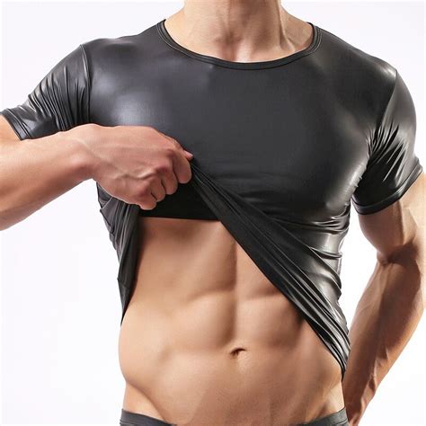Mens Sexy Faux Leather T Shirts Male Fashion Men Black Nylon Tees Tight