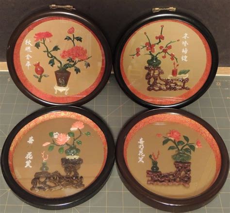 Oriental Wall Plaques Lot 4 Roses Floral Antique Jade Coral Asian