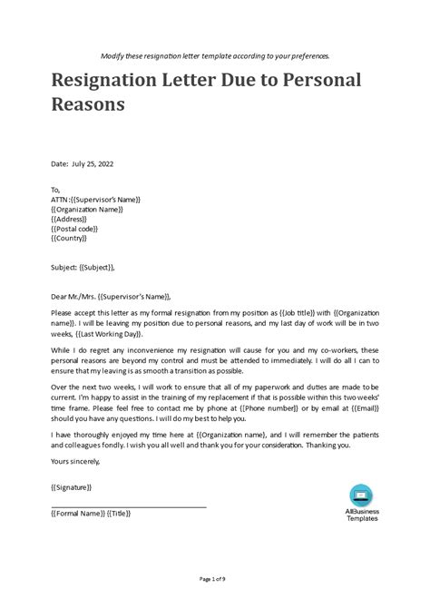 Libreng Due To Personal Reason Resignation Letter