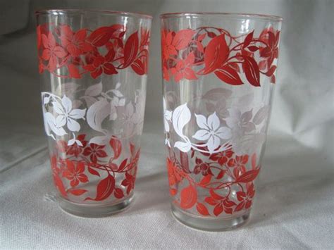 Vintage Red And White Floral Jelly Jar Glasses Etsy Jar Glasses Jelly Jars Red And White
