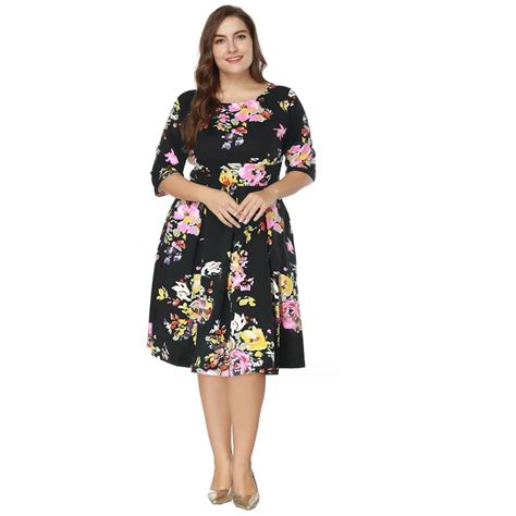 Xl 6l 7xl Women Plus Size Dress 2018 High Waist Tunic Floral Print Big
