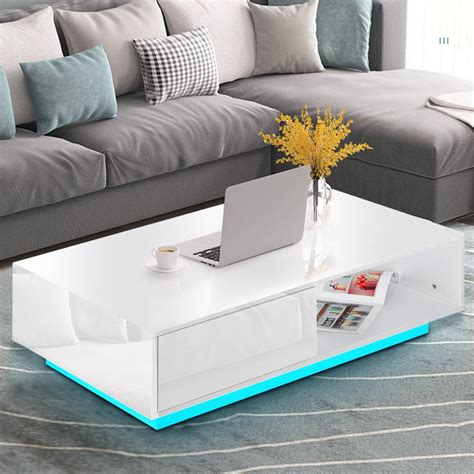 High Gloss Rgb Led Coffee Table With 2 Drawer Storage Modern Sofa Side