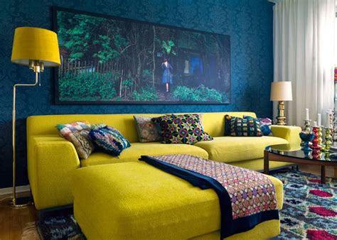 eclectic blue  yellow living interiors  color