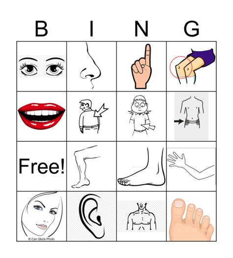 Parts Of The Body Bingo Card