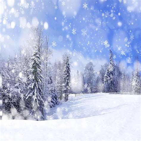 Blue Sky Falling Snowflakes Photography Backdrop Snow Covered Pine