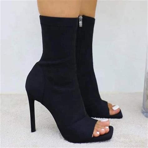Women S Peep Toe Sock Ankle Boots High Heel Suede Open Toe Stiletto