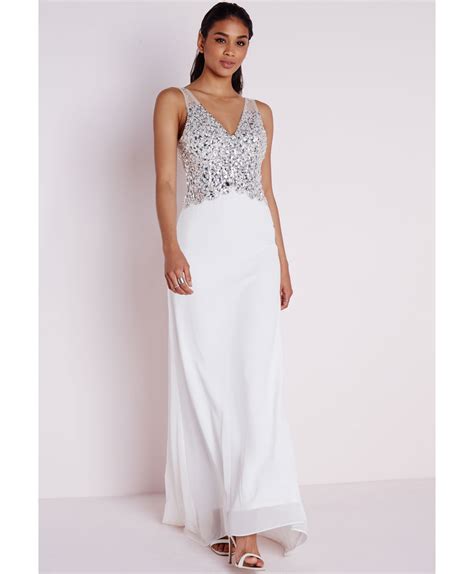 Missguided Embellished Maxi Dress White In Metallic Lyst