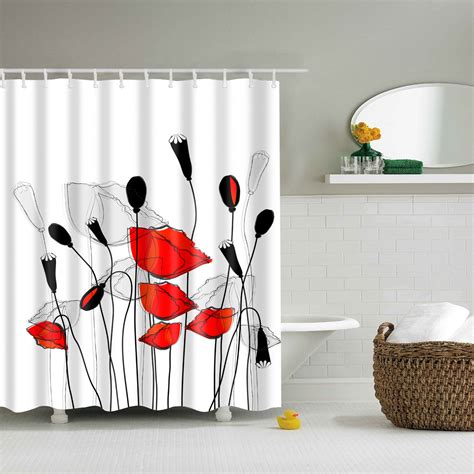 Red And White Poppy Field Shower Curtain Set 4 Pcs Watercolor Flower