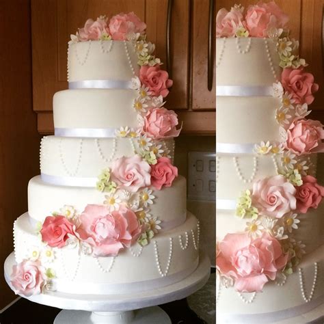 Wedding Cake Handmade Flowers 5tiers Spring Inspired With Pearls