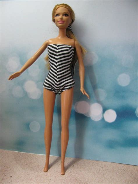 then and now barbie doll black white striped bow bikini swimming suit