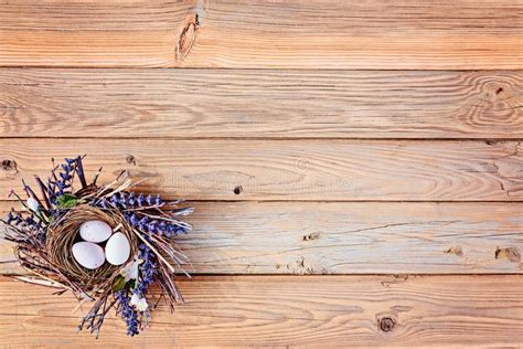 Easter Eggs In Nest On Rustic Wooden Background Stock Photo Image Of