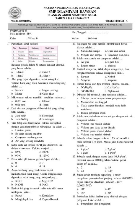 Soal Ulangan Kelas 7 Semester 1