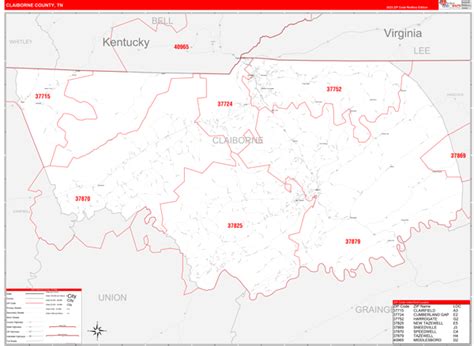 Claiborne County Tn Zip Code Wall Map Red Line Style By Marketmaps