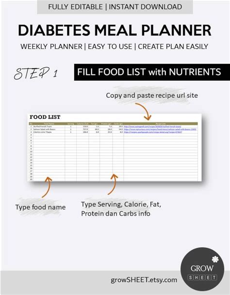 Diabetes Meal Planner Excel Template Fully Editable Weekly Etsy
