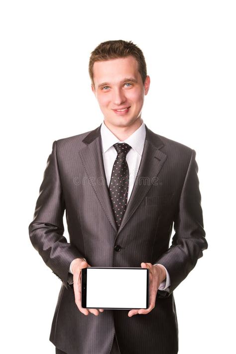 Young Businessman Showing A Tablet Pc Comuter With Blank Screen For