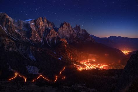 Fire Stars Sky Night Valley Mountains Alps Lights Wallpapers Hd