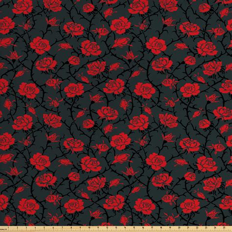 Red And Black Fabric By The Yard Romantic Vintage Roses Illustration