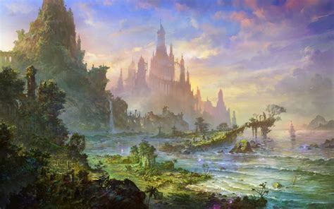 3840x2400 Wallpaper Castle Rock Sea Green Sky Fantasy Art