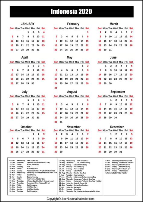 Calendar 2020 Indonesia Public Holidays 2020