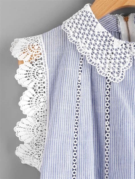 Contrast Scallop Lace Trim Pinstripe Blouse Scalloped Lace Crochet