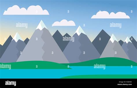 Mountain Cartoon Landscape With Green Hills And Mountains With Peaks
