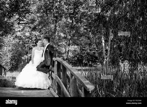 The Bride And Groom Standing On A Wooden Bridge In Nature And Looking