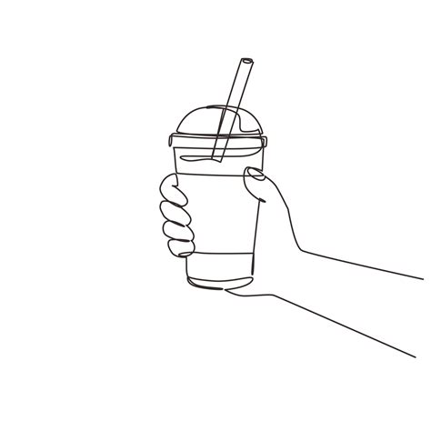 Single Continuous Line Drawing Hand Holding A Bubble Tea Plastic Cup