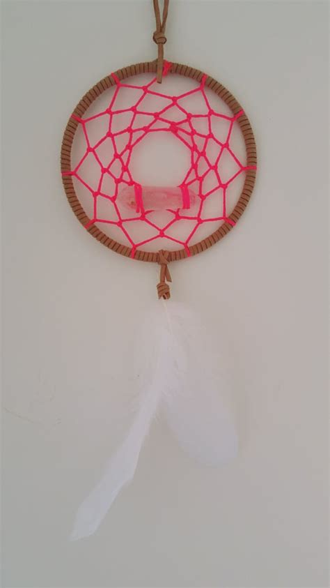 Beige And Neon Dream Catcher Organic Feather And Stone