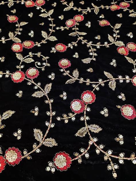 Black Velvet Floral Embroidery Sequence Work Fabric By Yard Etsy