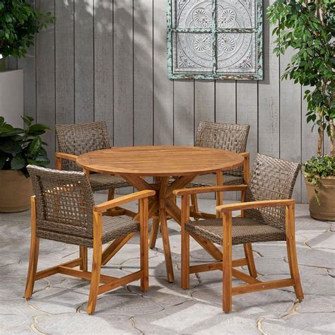 Noble House Crestview Teak Brown 5 Piece Wood Round Outdoor Dining Set