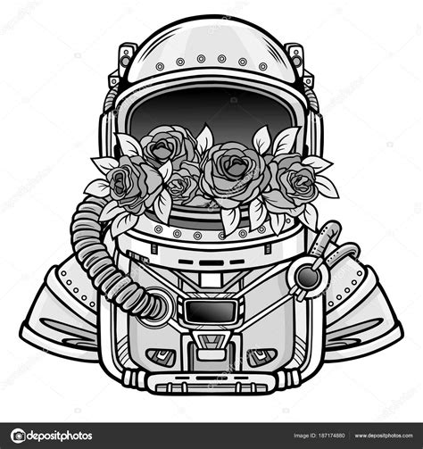 Space Helmet Astronaut Filled Flowers Roses Monochrome Drawing Vector