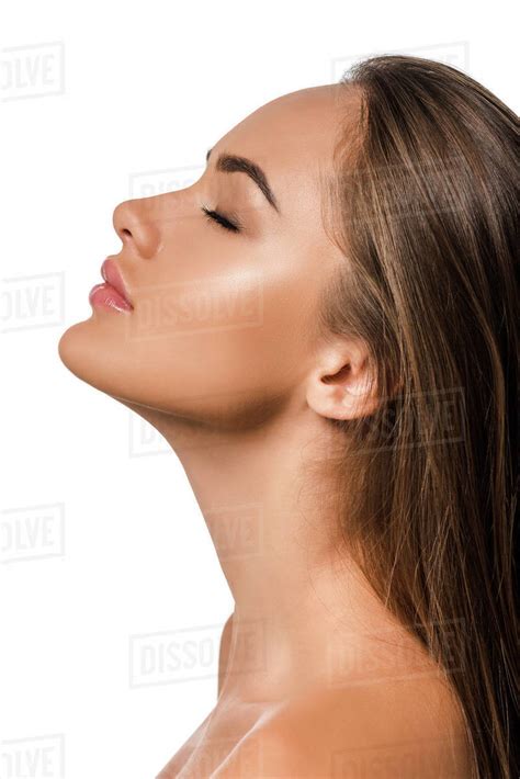 Side View Of Beautiful Woman With Closed Eyes And Long Brown Hair
