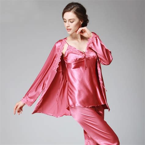 ssh036 lady silk satin pajama women sexy 3 pieces pajama set sleepwear v neck top full sleeves