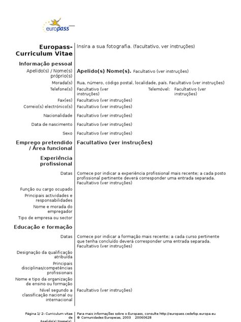 Curriculum Vitae Europass Formulário Para Preenchimento