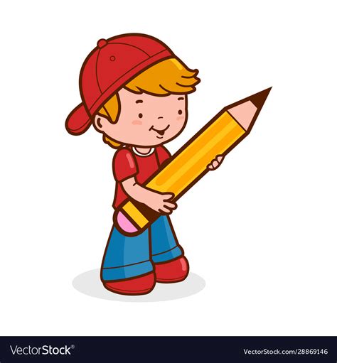 Little Boy Student Holding A Big Pencil Royalty Free Vector