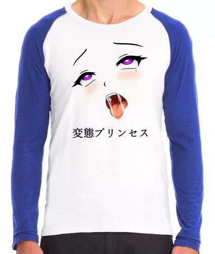 Camiseta Anime Hentai Ahegao Face V4 Manga Longa Azul Parcelamento