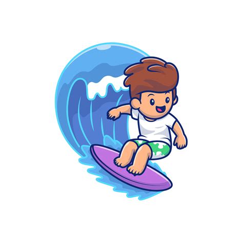 Chico Lindo Surfeando En La Ilustración De Icono De Vector De Dibujos