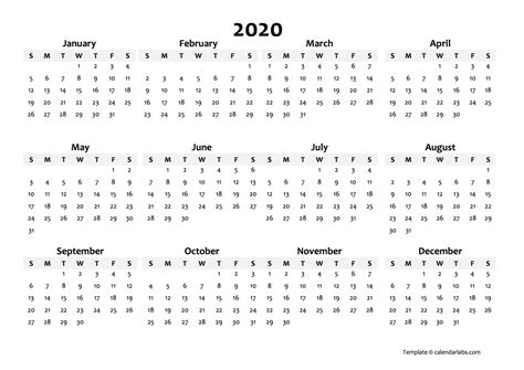 Calendars are available in pdf and microsoft word formats. 2020 Yearly Blank Calendar Template - Free Printable Templates