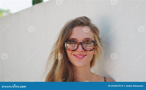 Portrait Slim Pretty Young Woman In Horn Rimmed Glasses Stock Video