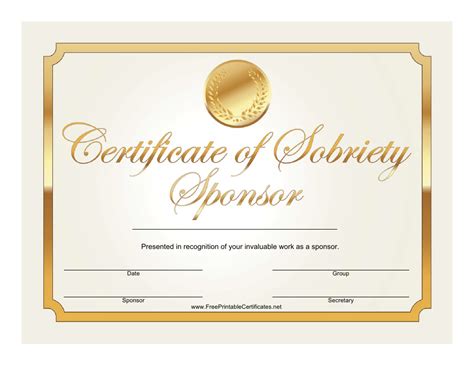 Golden Sponsor Certificate Of Sobriety Template Download Printable Pdf