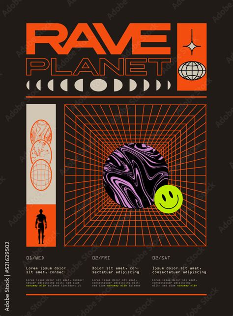 Rave Party Poster Or Flyer Design Template With Modern Retrowave